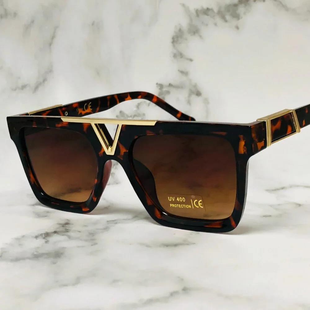 Men Women Sunglasses Brown Flat Lens‎ Square Shades Hip Hop Style Classic Retro